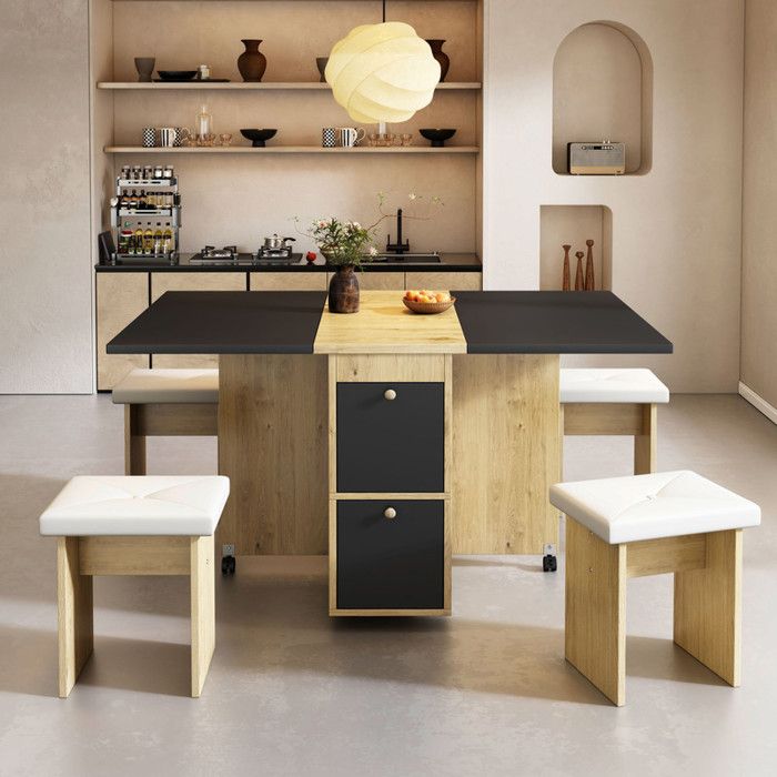 Ensemble table à manger avec 4 chaises - table pliante avec 2 tiroirs 140x80x75cm - en panneaux de particules - Noir & Doré Ensemble table à manger avec 4 chaises - table pliante avec 2 tiroirs 140x80x75cm - en panneaux de particules - Noir & Doré